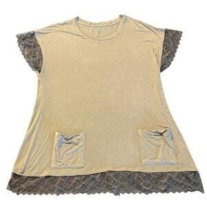 Logo By Lori Goldstein Womens Tan Stretch Knit Lace Trim Tunic Blouse Tops Sz XL